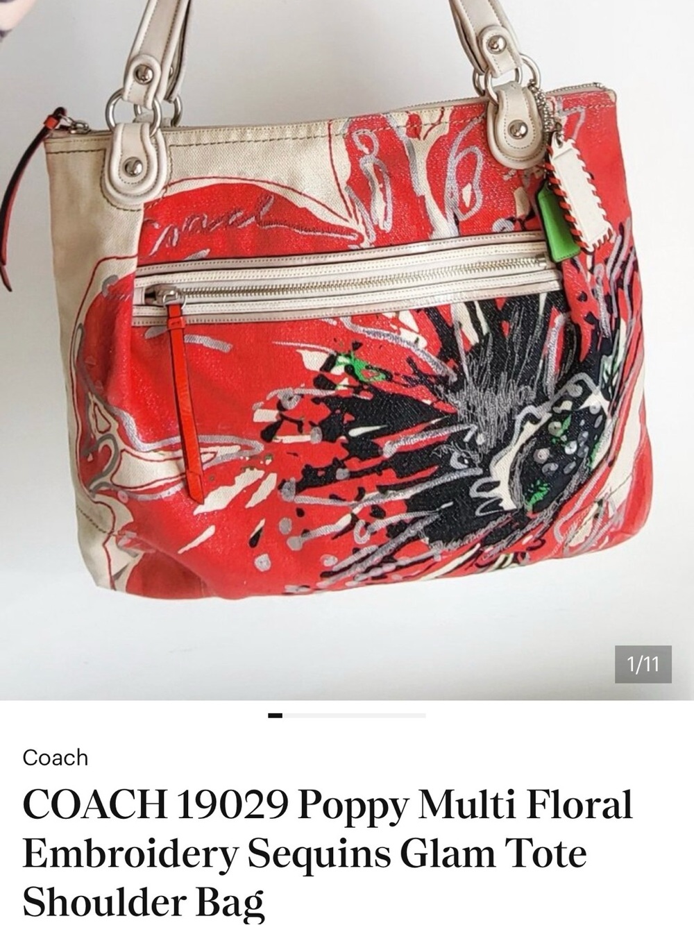 Coach Red and Cream Poppy Floral Embroidered Tote